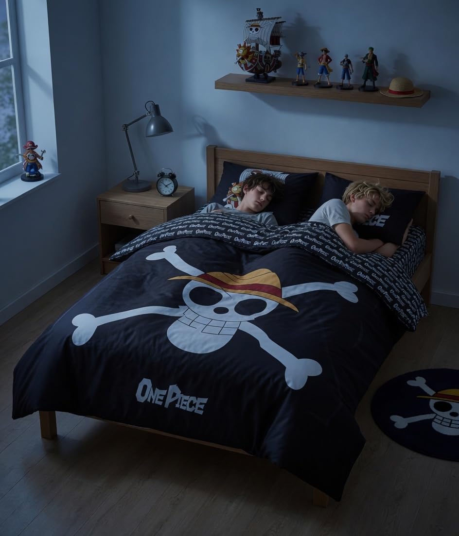 One Piece Bettwäsche 4-teilig Jolly Roger 240x220 + Spannbettlaken 140x200 | Mikrofaser Oeko-Tex | 2 Kissenbezüge 63x63 | Jolly Roger Thousand Sunny | Offizielle Lizenz | Teenager 15-30 | Wendbar