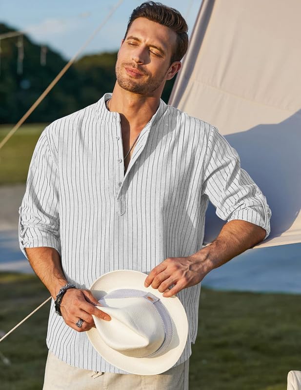 Image of Men's Cotton Blend Full Sleeve Printed Short Kurta with Mandarin Collar Crafted from a Premium Cotton Blend