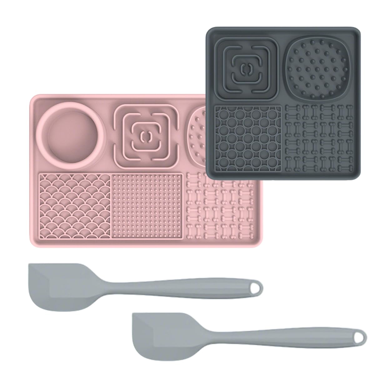 Tappetino da Leccare con Ventose – Accessorio Antistress per Cani e Gatti, Perfetto per Bagno e Addestramento (Rosa + Grigio, Rettangolo + Quadrato 1)