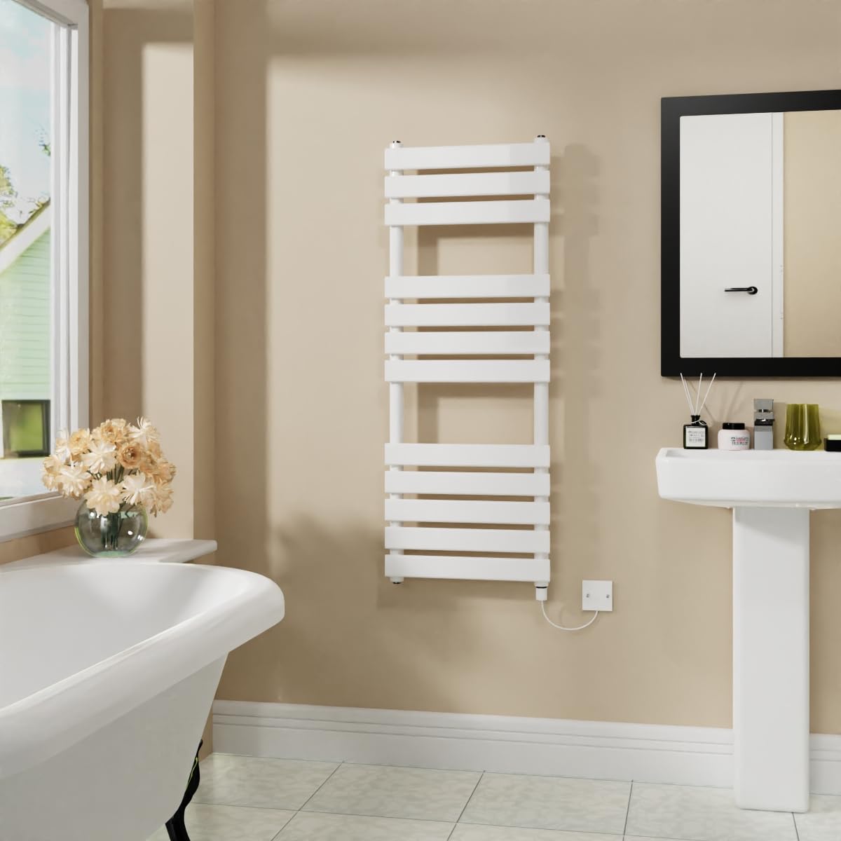 Warmehaus White Electric Flat Panel Heated Towel Rail Bathroom Ladder Radiator Warmer 1200X450mm 600W