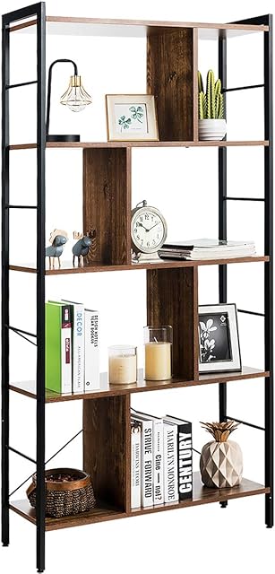 CASART Industrial Bookcase, 5-Tiers Freestanding Metal Frame Storage Shelving Unit, Home Office Study Living Room Organiser Display Bookshelf