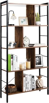 Giantex 5-Tier Bookshelf, Industrial Style Bookcase with Metal Frame, Free Standing Storage Display Shelves, Home Office Study Storage Rack Shelves with Dividers, Wood Shelving Unit Rustic Brown