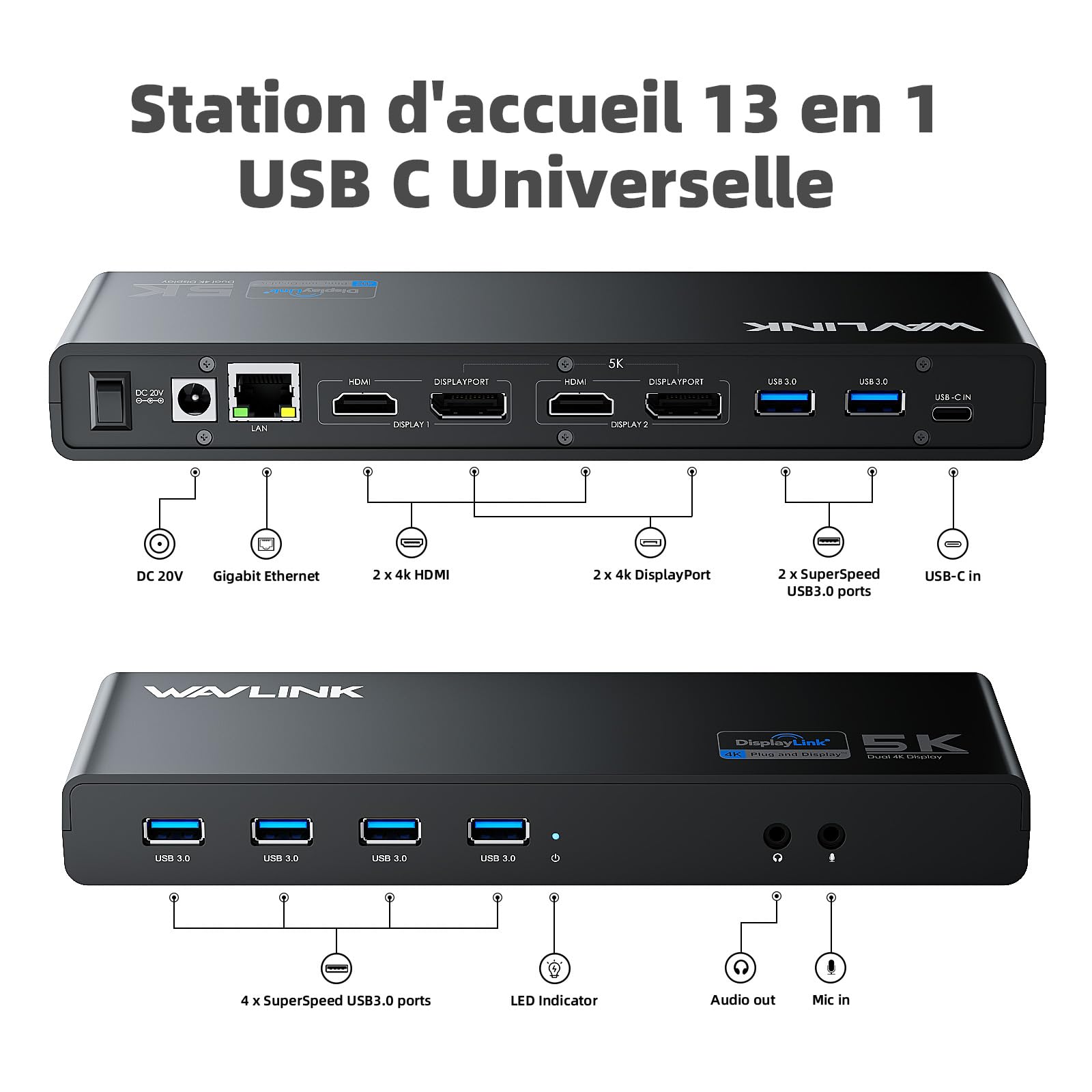 WAVLINK Station d'accueil Displaylink, Station d'accueil Universelle USB C avec 2 × HDMI & DP, Ethernet Gigabit, 6 × USB 3.0, Audio, Microphone, Compatible avec Mac OS et Windows