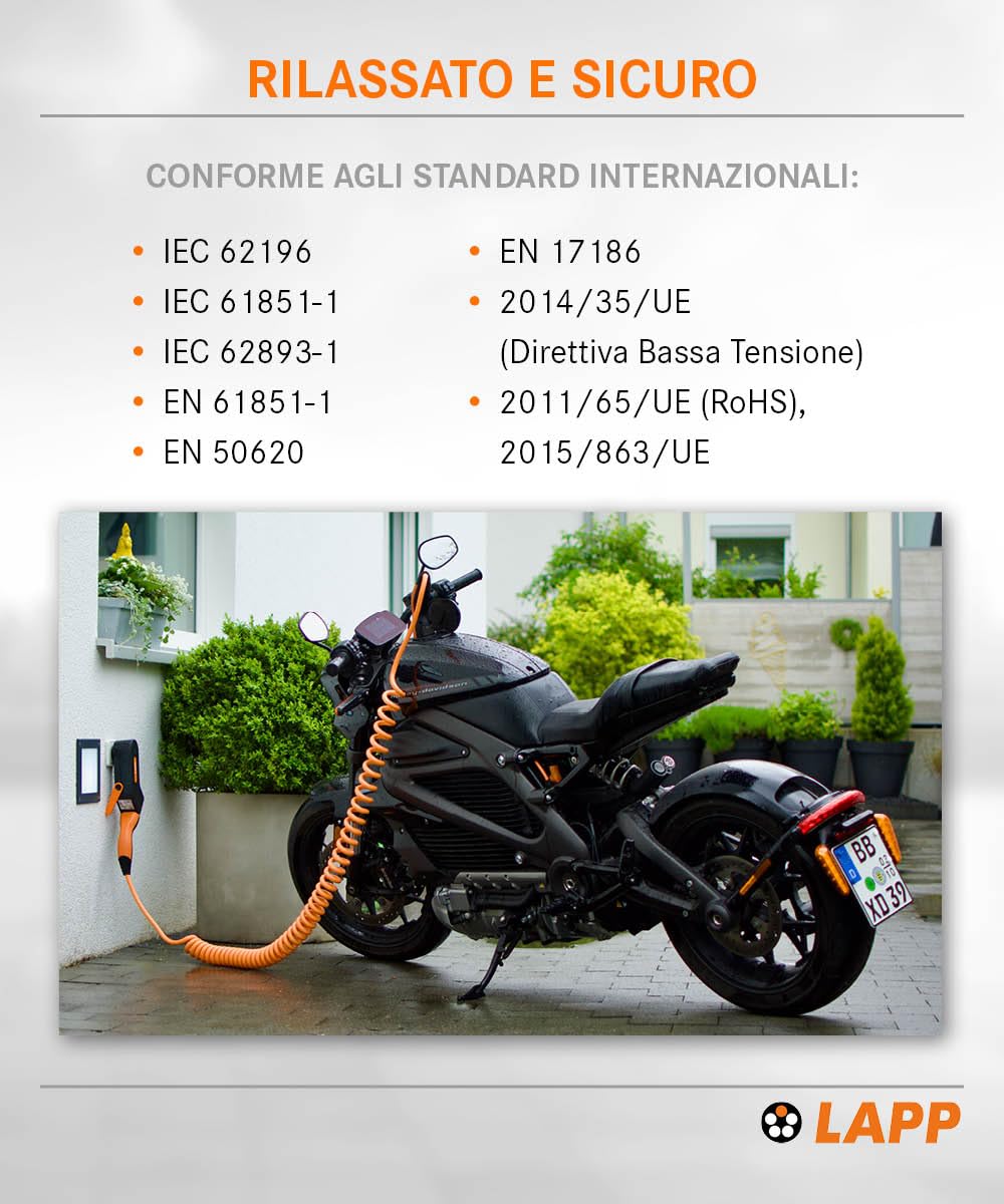 Lapp Cavo di Ricarica a Spirale per Veicoli Elettrici Mobility Tipo 2-11 kW, 20 A, Trifase, Resistente alla Polvere e all'Acqua IP55, Compatibile con Auto Elettriche e Ibride Europee, 5 m, Nero