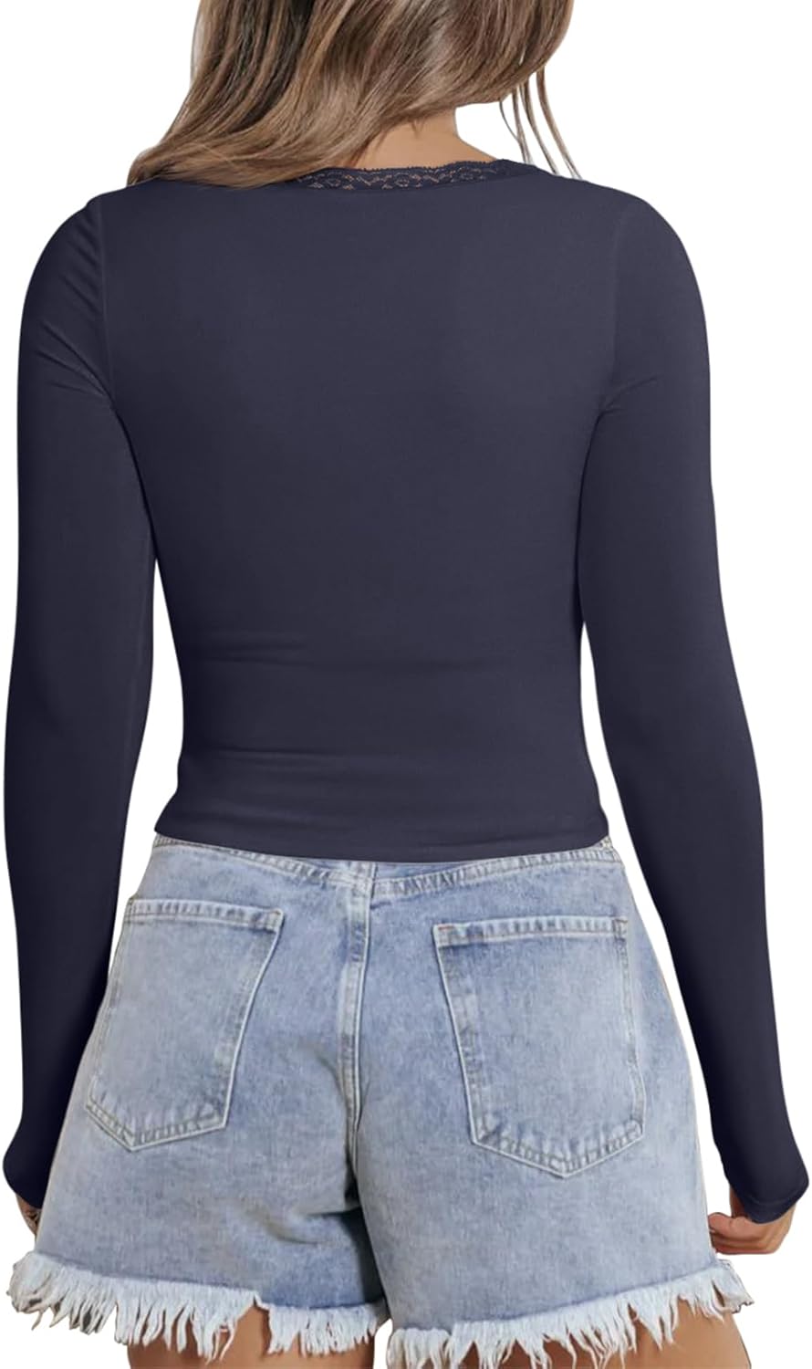 PINKMSTYLE Women Sexy V Neck Lace Long Sleeve Shirts Basic Fitted Double Lined Going Out Y2K Trendy Fall Tops - Image 5