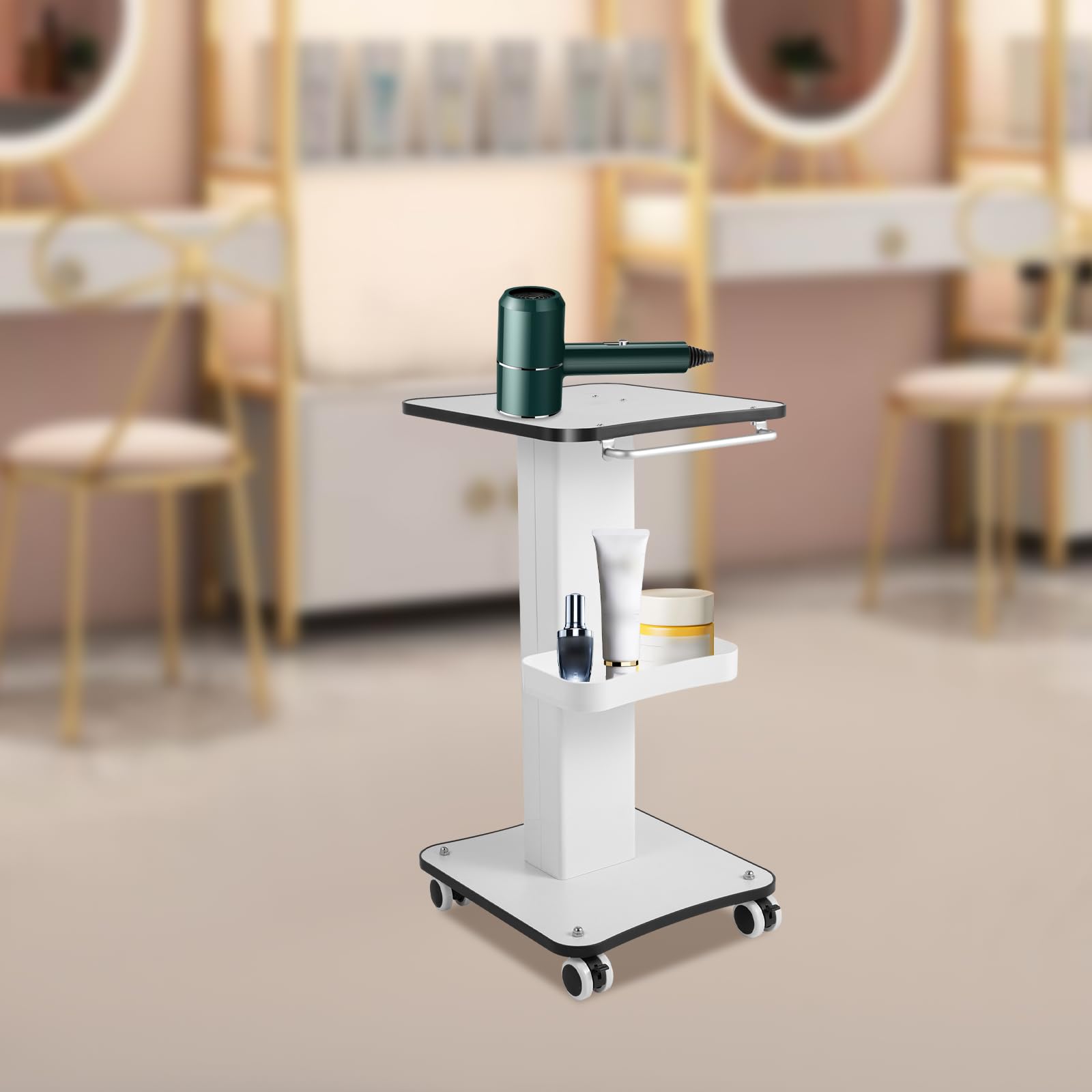 Chariot Roulant Blanc Médical Coiffure, Table Roulante avec Poignée Ergonomique, Support Matériel 2 Plateaux, roulettes 4 Dont 2 Freinées, Charge 40kg, pour Salon Hôpital Laboratoire, 34x38x69cm