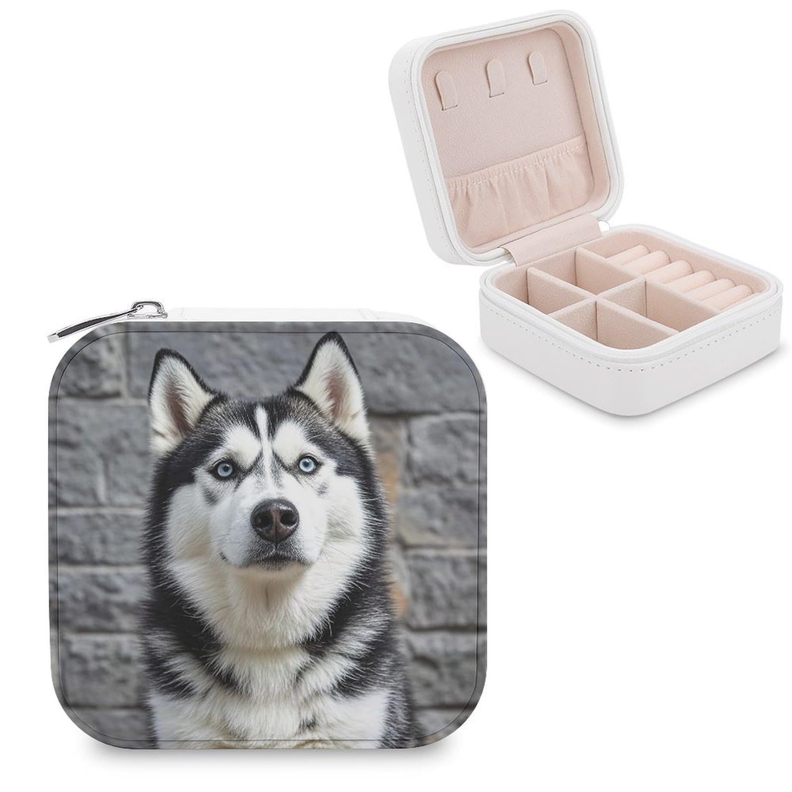 FekiLoot Husky Dog Travel Jewelry Box Small Jewelry Organizer Storage Case Portable PU Leather Mini Jewellry Travel Case Necklace Ring Storage Organizer Gift for Women