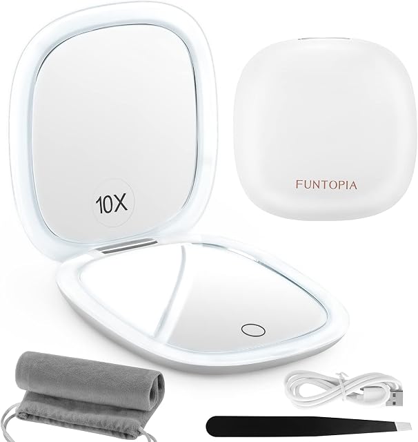 Magnifying Mirror with Light, Funtopia 1X/10X Magnification Compact Mirror, Dimmable LED Travel Makeup Mirror Rechargeable, Pocket Mirror with Eyebrow Tweezers Kit, Brightness Dimmable, 3 Colors Modes