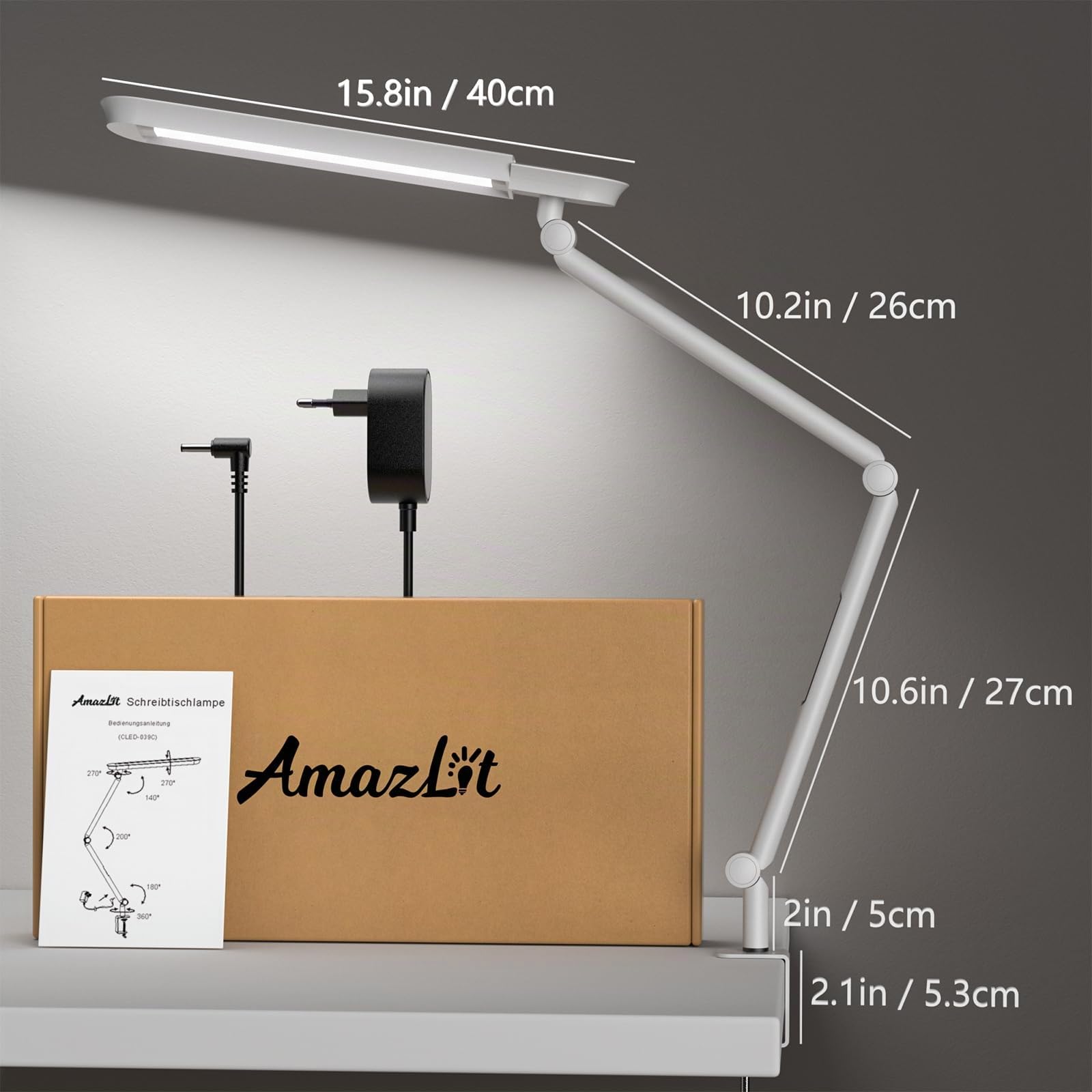 AmazLit Lámpara Escritorio, Lámpara de Escritorio LED con Abrazadera,18W Atenuación y Temperatura de Color Ajustable,Lámpara de Arquitecto Moderno con Función de Memoria para Hogar, Oficina,Blanco