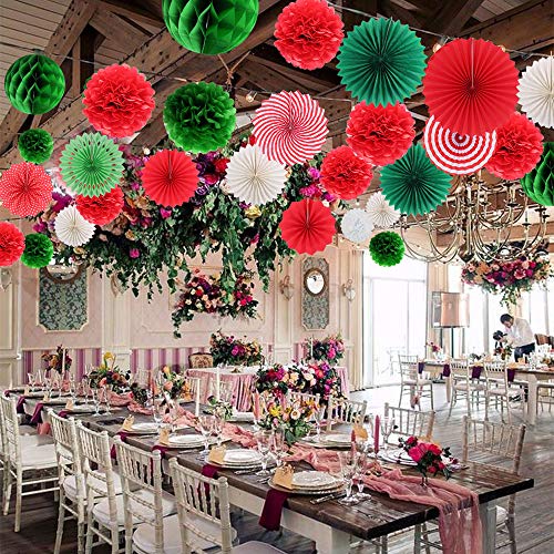 Hanging Party Decorations Set Tissue Paper Fan Paper Pom Poms Flowers and Honeycomb Ball for Christmas Wedding Engagement Graduation Party Decor Green Red Kit - Image 4