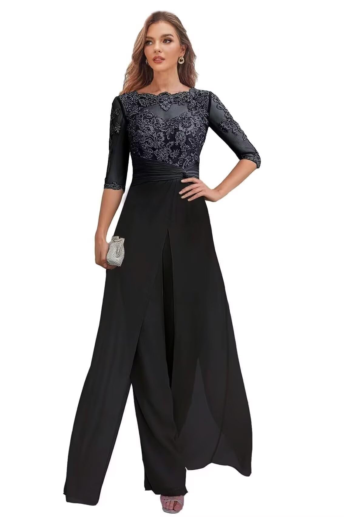 Hosenanzug Damen Elegant 3/4 Ärmeln 2 Teiler Festlich Chiffon Spitzenapplikation Hochzeitsgast Brautmutter Hosen Set