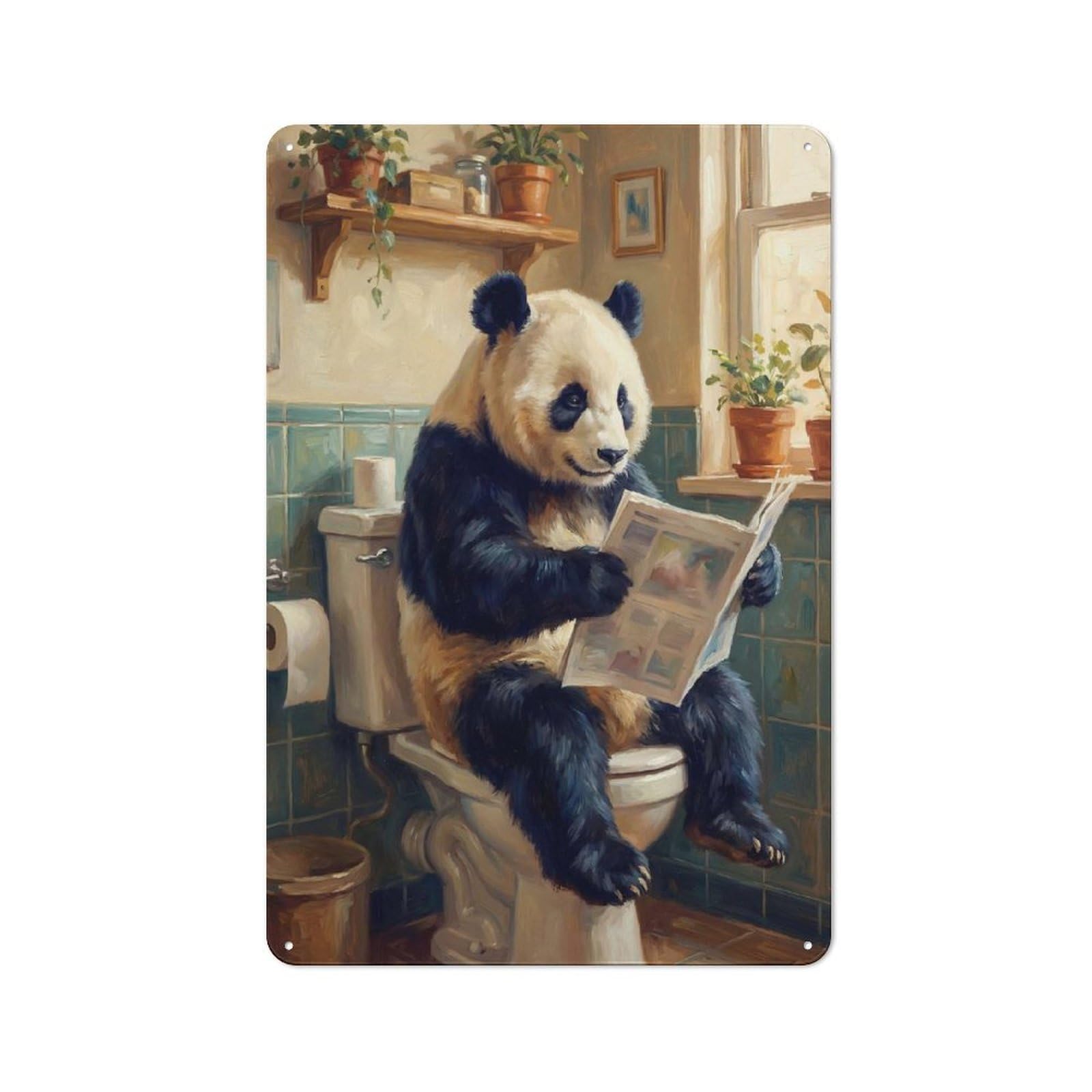Junmoney Style-11 Vintage Panda Reading Newspaper On Toilet Metal Plaque 30X20cm, Kitchen Wall Decor For Restaurant, Kitchen, Counter Or Breakfast Nook