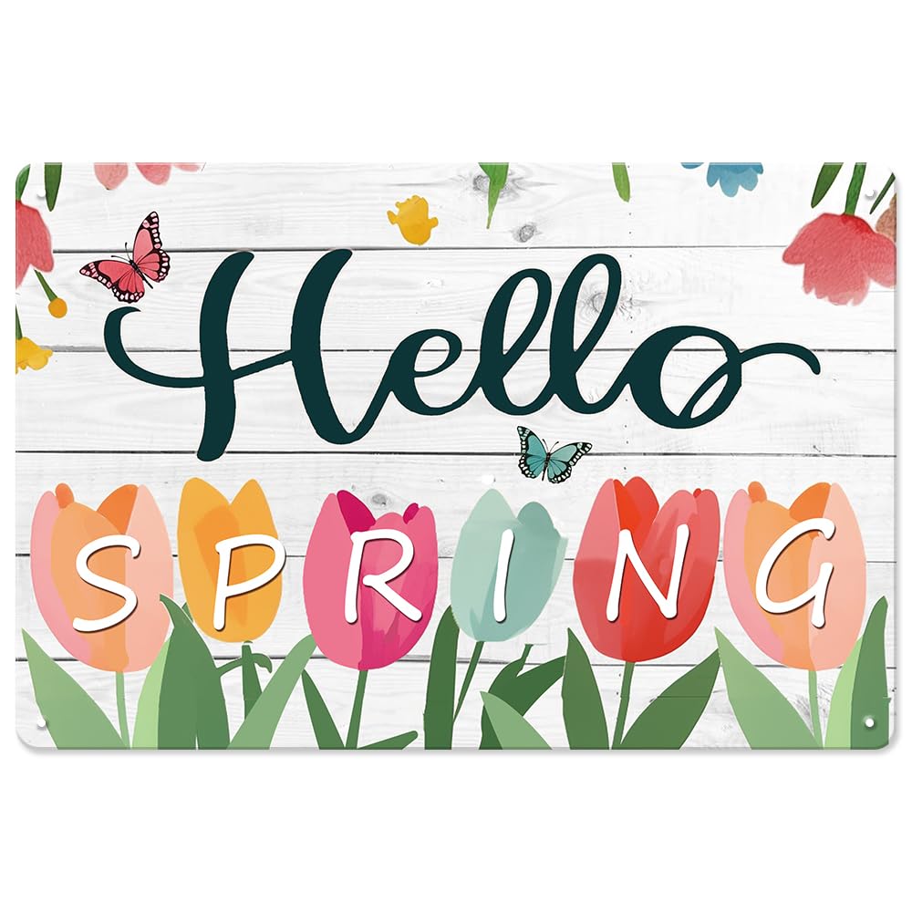 Spring Door Decorations Hello Spring Sign, 8x12 Inch Spring Tulip Decor Metal Signs, Spring Decorations for Home kitchen Coffee Bedroom Outdoor