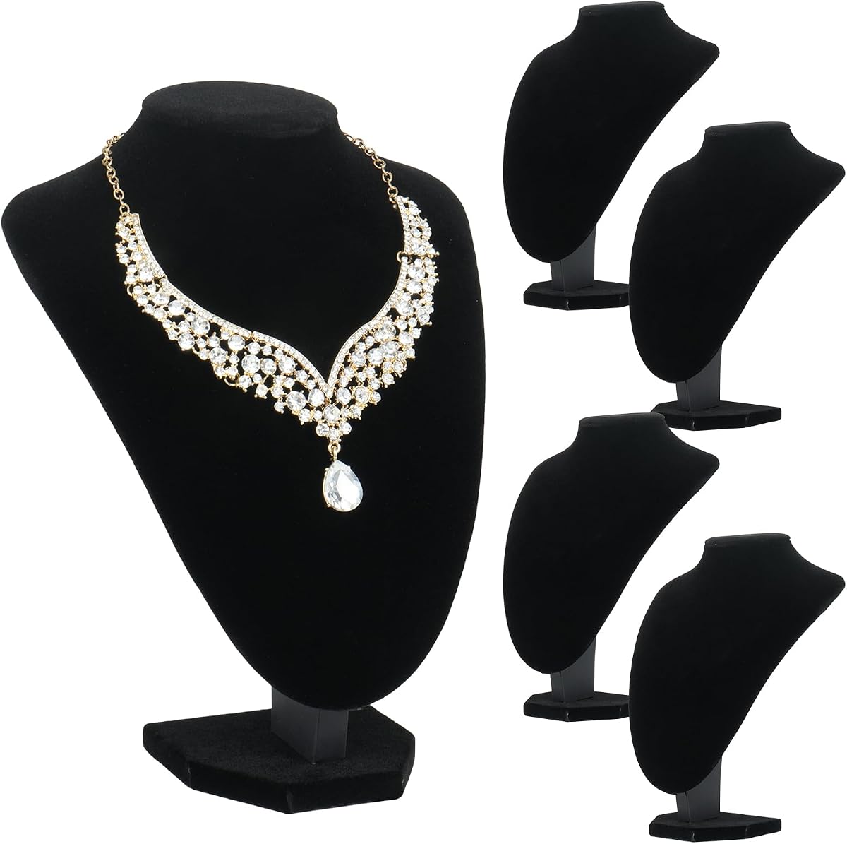 4 Pack Velvet Necklace Display Stand, 9.5" Jewelry Bust Display for Necklaces, Necklace Holder for Vendors Selling, Photography, Retail Store, Home Organizer (Black)