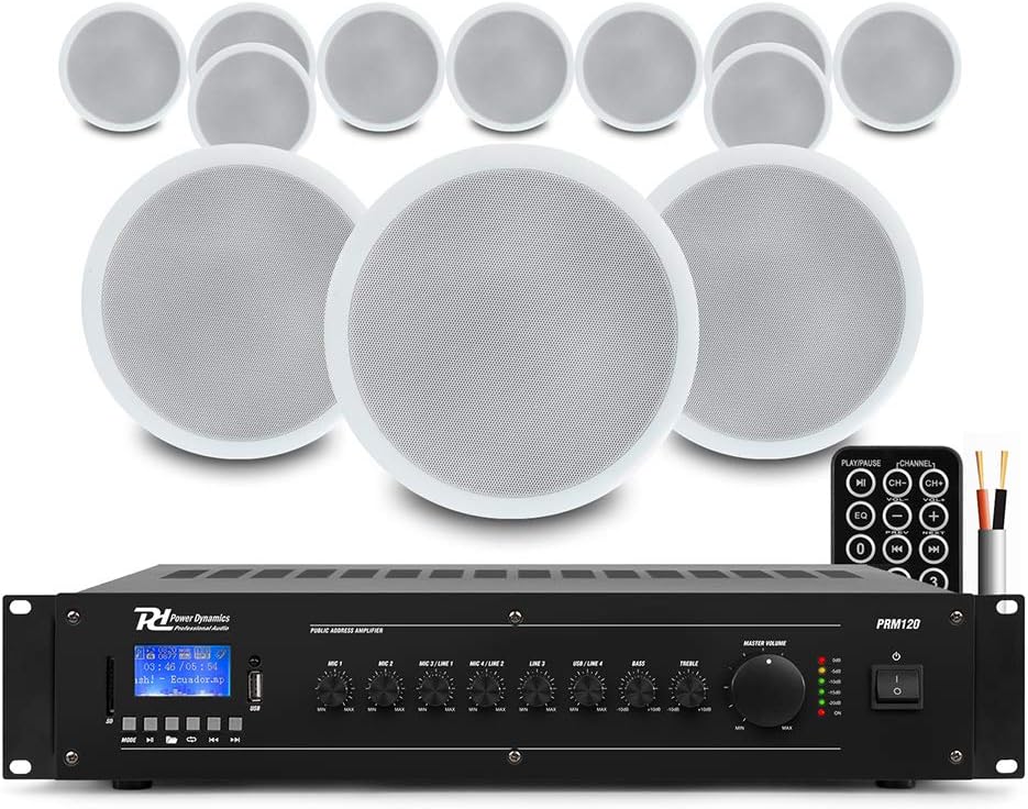 Commercial Ceiling Speaker System with Bluetooth Amplifier - Complete Restaurant, Office & Warehouse Background Music PA Kit, 12 x 5.25 Speakers, MP3 Media Playback, Microphone Input
