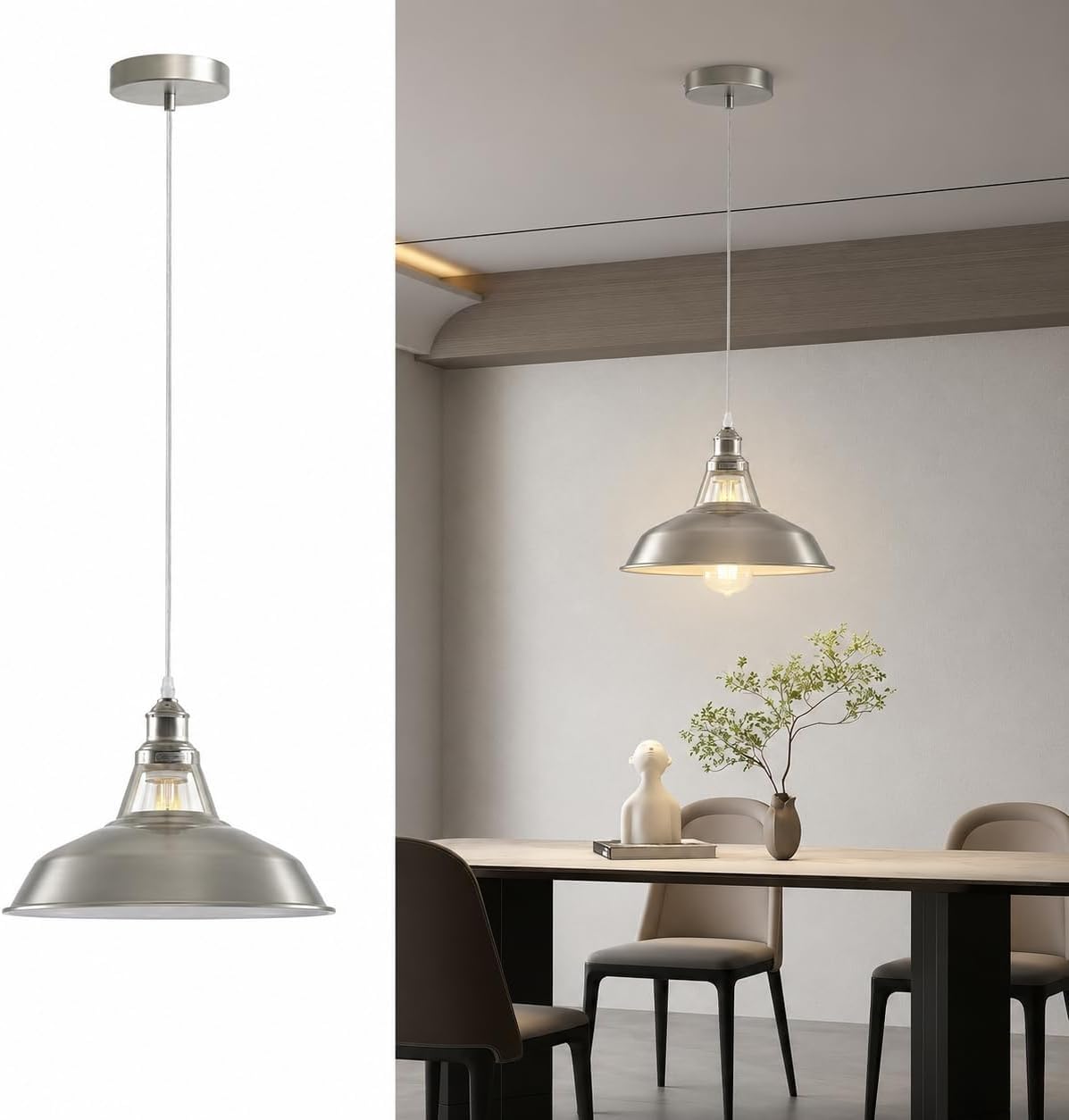 Ledsone Satin Nickel Ceiling Pendant Light Metal 30Cm Shade Adjustable Cable