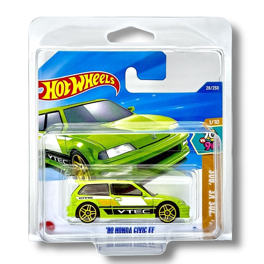 Hot Wheels '90 Honda Civic EF (Lime Green, Yellow & Black) 1/10 HW: '70s vs 90s - 2025-28/250 (Short Card) - includes a KLAS Car Keeper Protector Case - HYX90