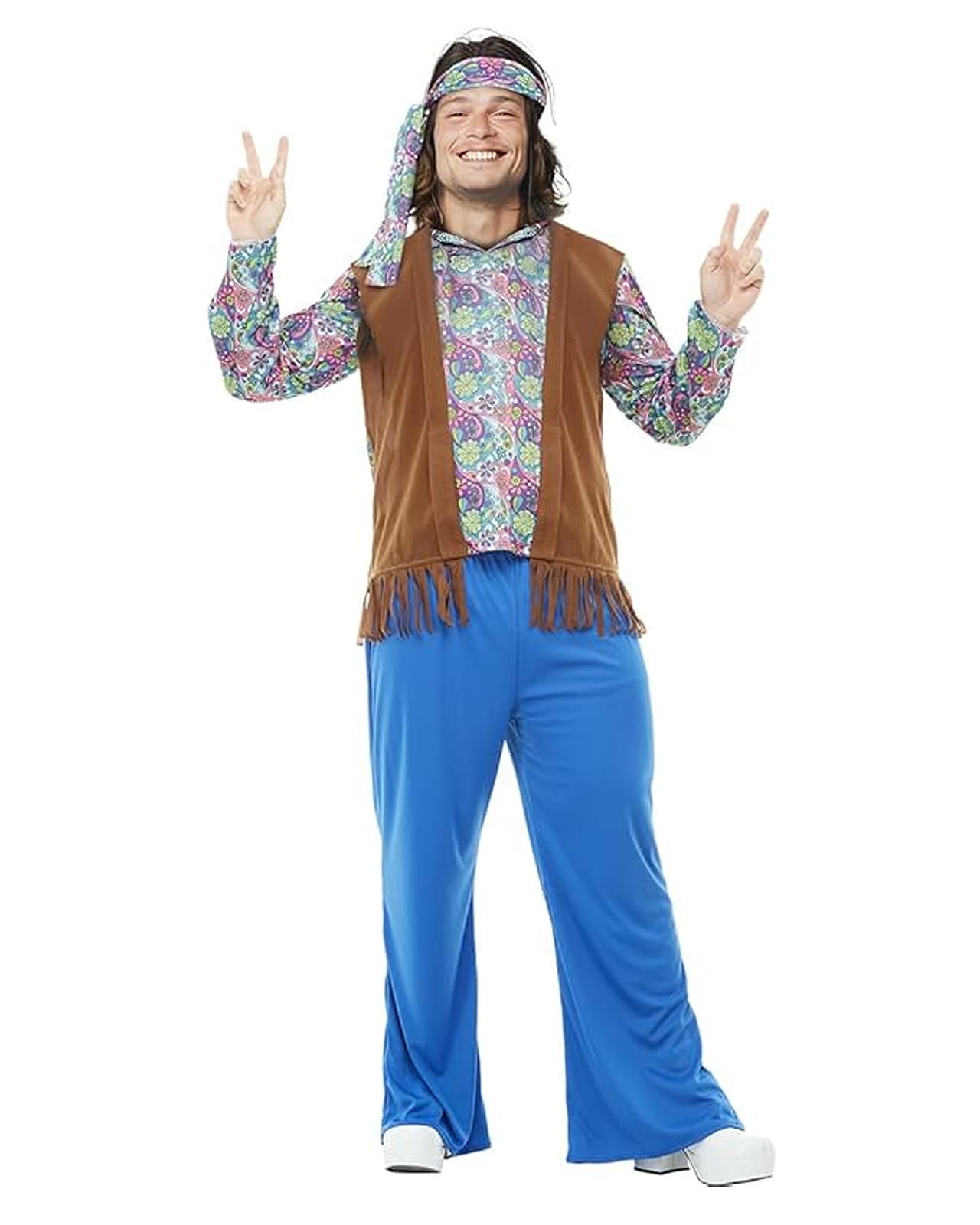 Funidelia Disfraz de Hippie para Hombre con camiseta, chaleco, pantalón y cinta, Traje de Años 60 para Adulto Décadas, Disfraces de Carnaval, Halloween y Despedidas – Talla S