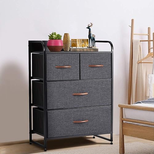 Miniatura 7 de HOMHUM Cómoda de 4 cajones cómoda de tela con mango de madera marrón marco de acero resistente parte superior de madera para dormitorio sala de