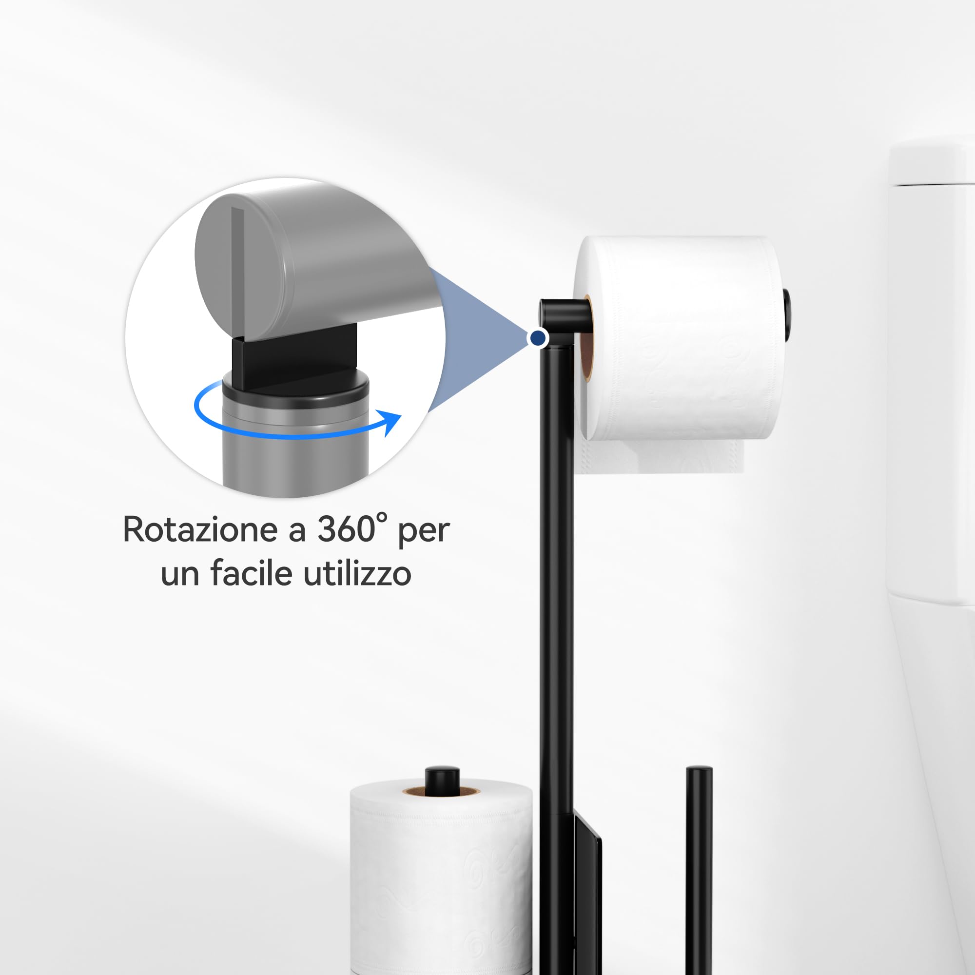 Susswiff Piantana Portarotolo e Scopino - Porta Carta Igienica Nero con Vetro, Acciaio Inox Portarotolo Carta Igienica con Spazzolino WC, Porta Rotoli Cartaigienica Bagno con Porta Scopino, in Piedi