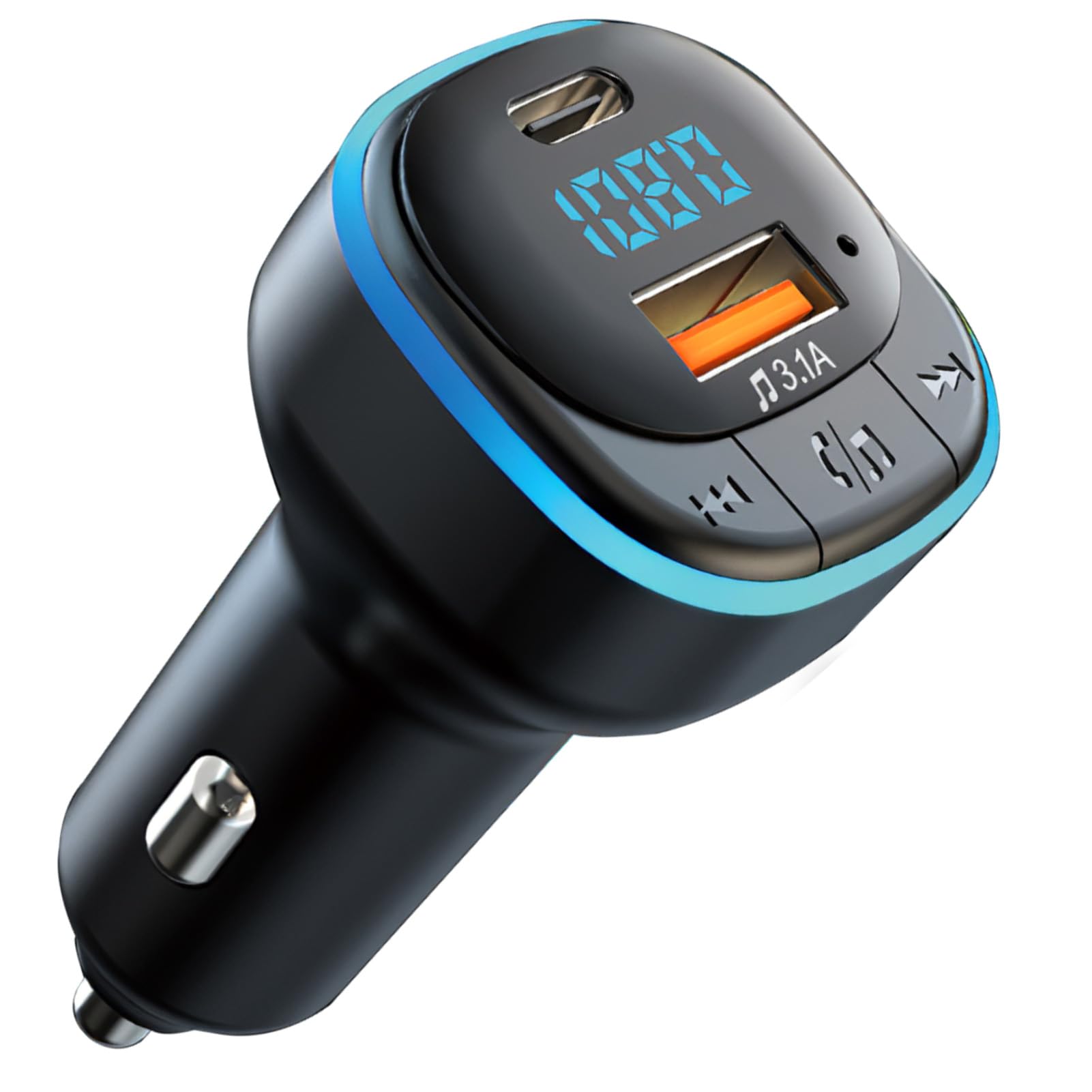 Trasmettitore FM Bluetooth 5.0 per Auto, MP3 Audio Lettore Caricabatterie 3.1A Porta USB Type-C, Vivavoce Bluetooth Luce LED Blu, Supporto Disco U, Chiamata Vivavoce