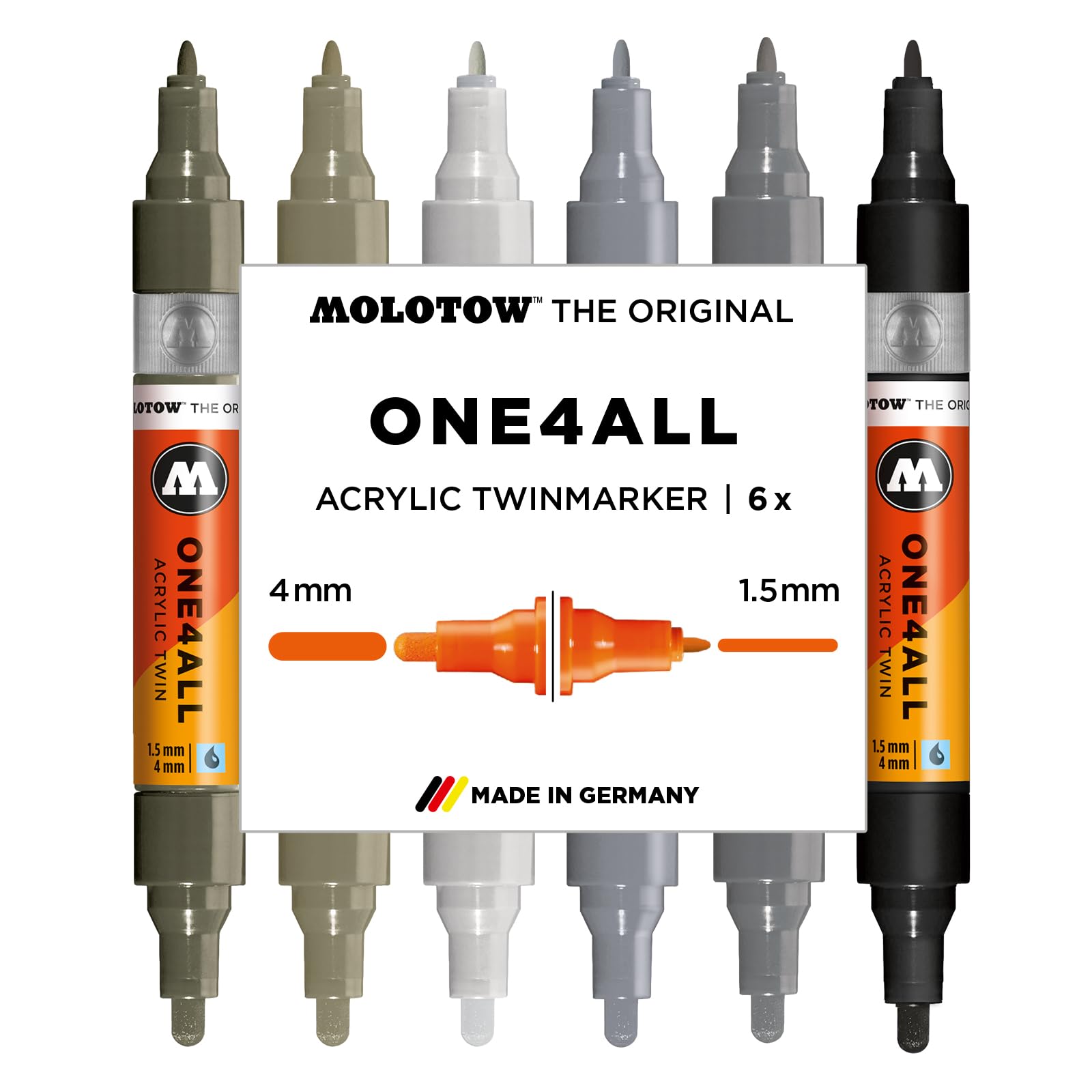 Molotow One4All Acrylic Twin Marker Grey Set (1.5 and 4.0 mm Line Width, High Coverage and Permanent, Quick Drying, Refillable, for Almost All Surfaces) Pack of 6 Assorted Colours