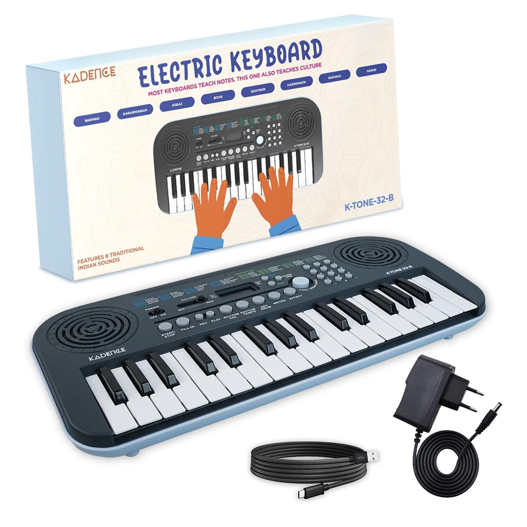 Kadence K-Tone Mini Blue Keyboard – 32 Mini Keys, 128 Tones including 15 Realistic Voices & 8 Indian Instruments, 128 Rhythms, 30 Demo Songs, Kids Beginner Keyboard with power adapter-image-24