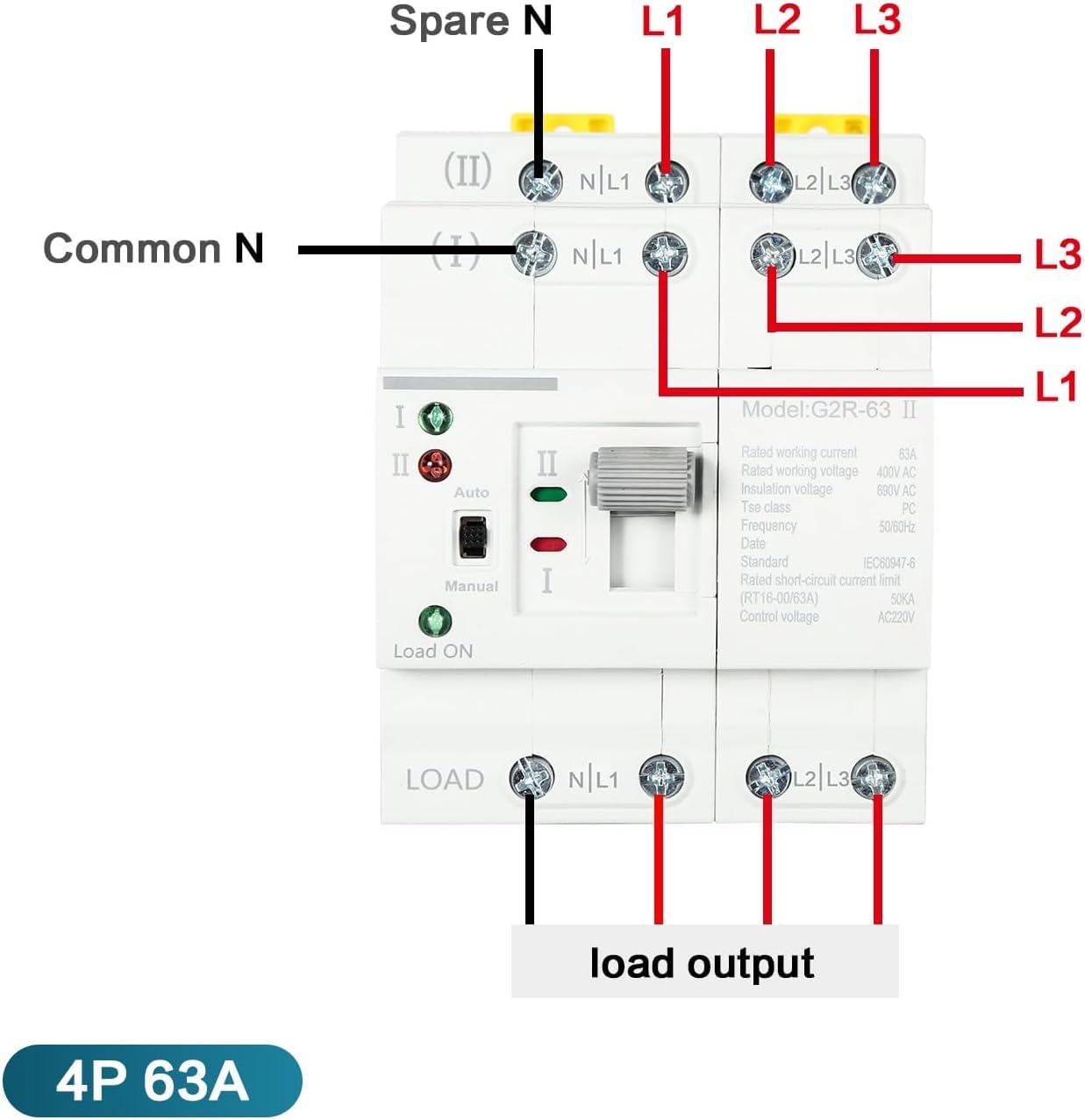 Interruptor de transferencia automático, 63 A, 400 V CA, 4 pines, trifásico, montaje en carril DIN, ups, fotovoltaico, eléctrico