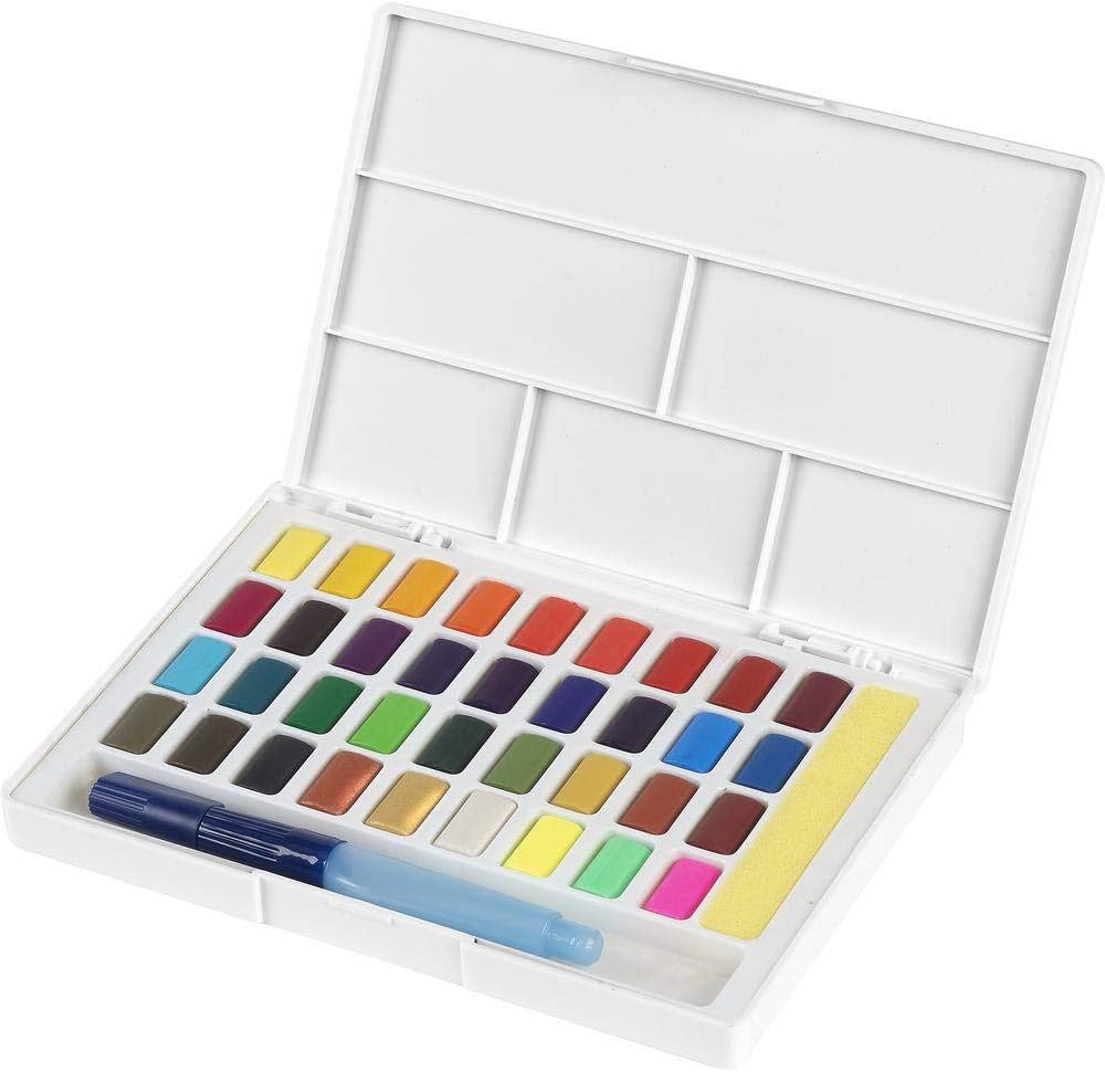 Portable Watercolor Set Water Half Pans with Mixing Palette and Painting Accessories, 36 Colors, Multi