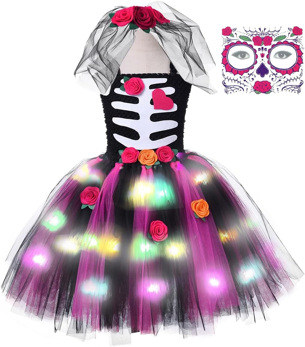 Tutu Dreams LED Day of the Dead Costume for Girls with Veil Headwear Hallwoeen Dress Up Clothes Holiday Party 5-6 Years Black