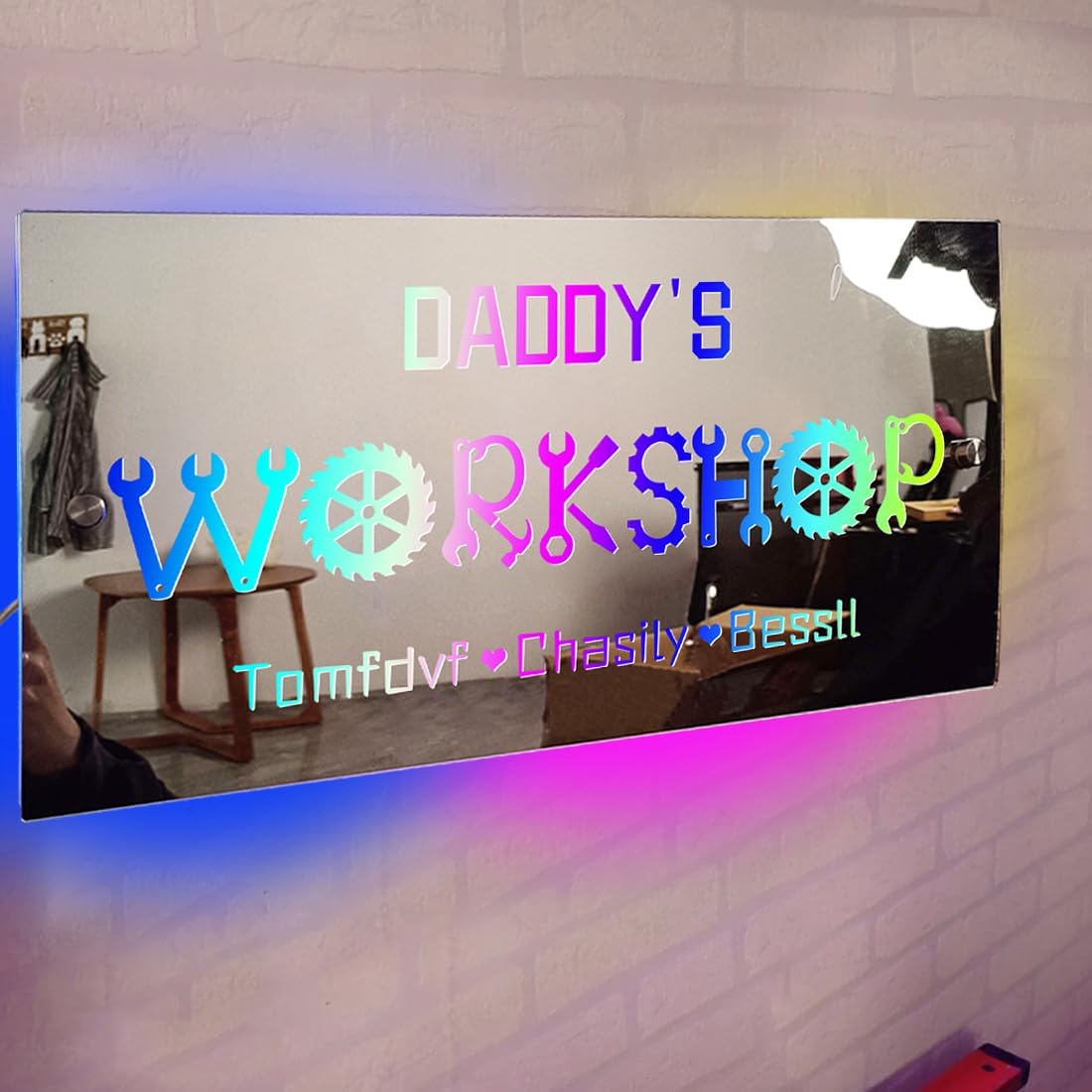 Personalized Daddy's Workshop Wall Mirror Light with Child's Names Game Room Man Cave Garage Decor Mirror Custom Father's Day LED Mirror Wall Art Mirror for Dad Grandpa Husband Son Family