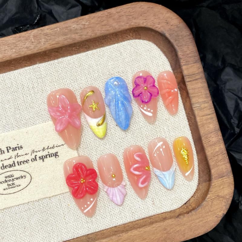Press on Nails Almond - Handmade Manicure Custom Art Reusable False Nails 10pcs with Solid Nail Glue&Nail Adhesive Tabs (677-M)