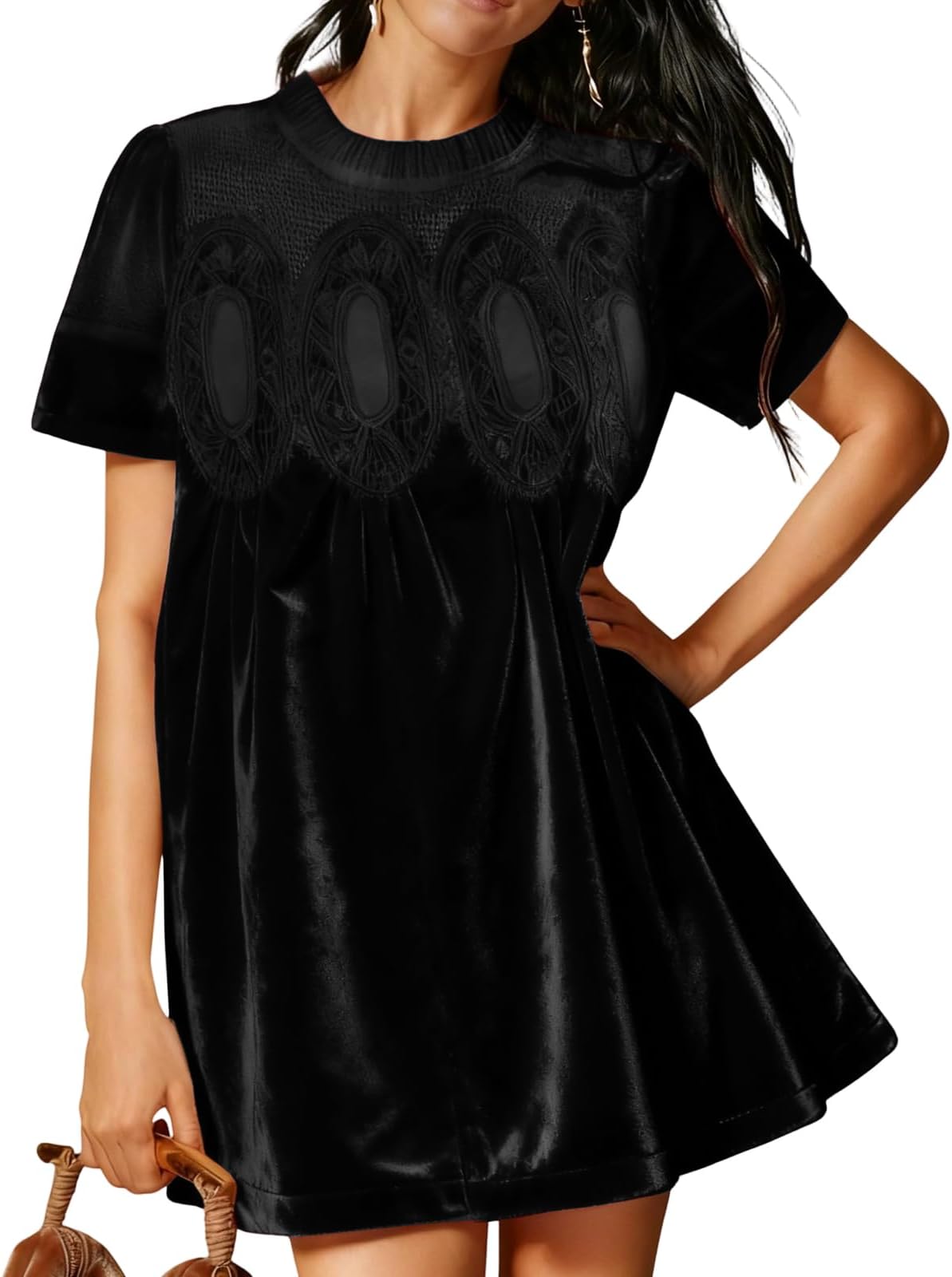Velvet Babydoll Dress Short Sleeve Lace Patchwork A Line Swing Dresses Homecoming Mini Party Dresses Holiday Outfits