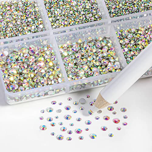 Beadsland 7200Pcs Flatback Rhinestones,Ab Crystal Rhinestones Nail Gems Round Crystal Rhinestones For Crafts,Mixed 6 Sizes With Wax Pencil Kit, Ss3-Ss10,Crystal Ab #TOP2