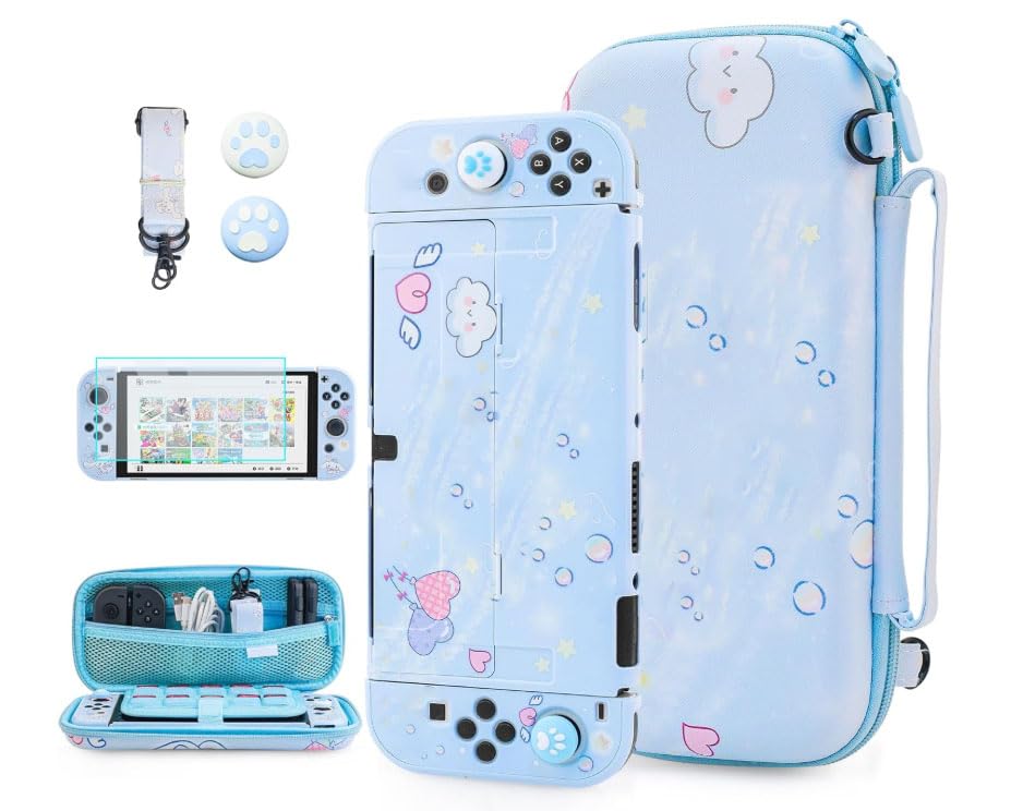 FUNDIARY Blue Cartoon Dog Travel Case for Nintendo Switch OLED, Shockproof Hard Carrying Case for Switch Console with Cute Protective Shell, Screen Protector, Adjustable Shoulder Strap & 2 Thumb Caps