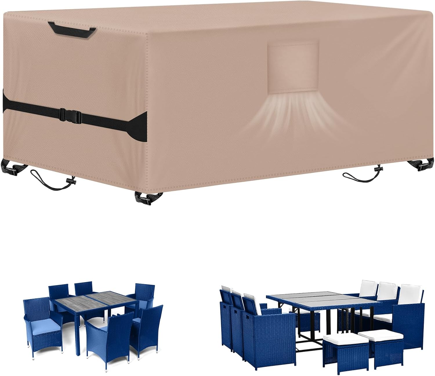 Kovshuiwe Rectangular Patio Heavy Duty Table Cover -Garden Furniture Covers for Shade and Rain, 600D Oxford Cloth Waterproof Outdoor Dining Table and Chairs Furniture Cover 76" L x 54" W x28 H,Khaki