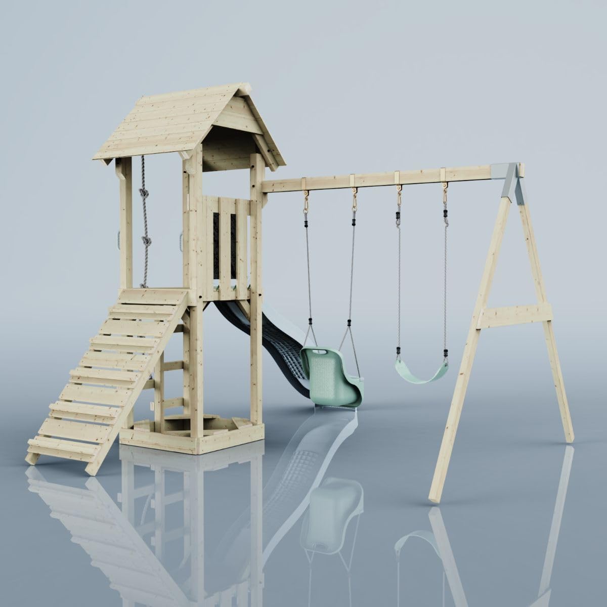 Rebo Spielturm mit Wellenrutsche und Kinder-Schaukel, Outdoor Klettergerüst Garten,Eisblau
