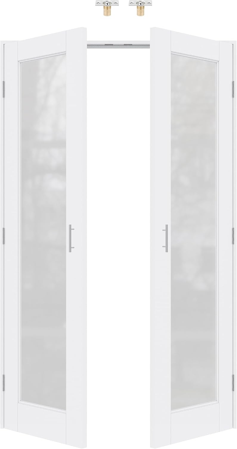 36" x 80" Ball Catch French Doors, Frosted Glass Solid Core Pre-Finished & Paintable Double Doors with Ball Catches & Hinges & Handles, White Door, Swing Closet Door Interior