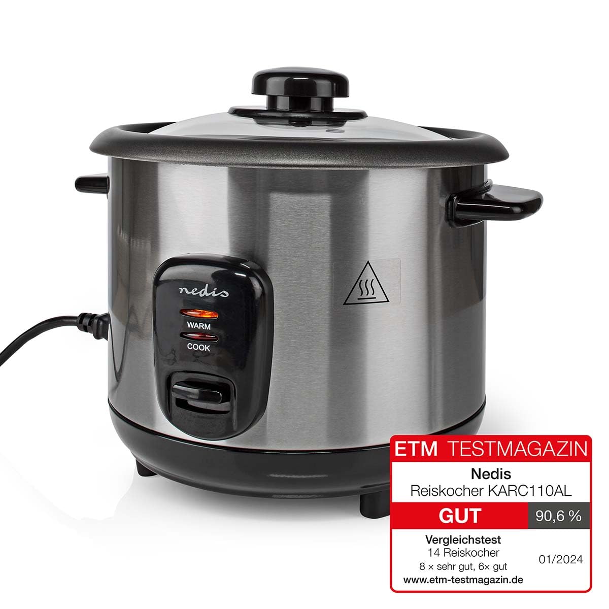 Nedis - Cuiseur à riz - Revêtement anti-adhésif - Bol amovible - Arrêt automatique - Acier inoxydable - Bol intérieur amovible - Jusqu'à 5 portions de riz - 400 W - 1,0 L - Argent