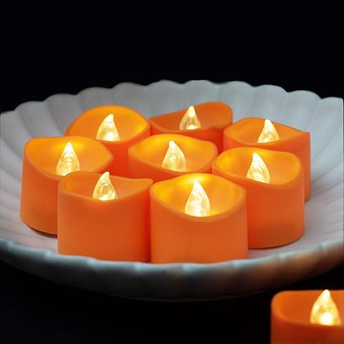 Miniatura 9 de Paquete de 24 velas de té naranja para Halloween, velas LED que funcionan con pilas, luces de calabaza pequeñas con bombilla blanca cálida, sin