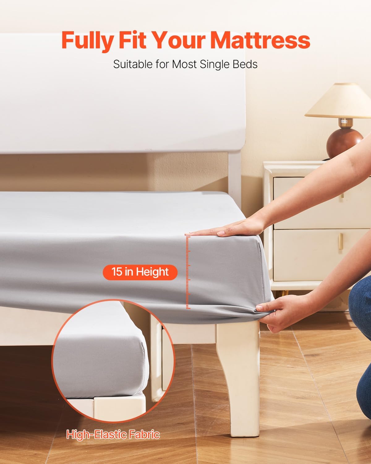 VEVOR Twin Fitted Sheet 2 Pack, Bottom Sheet Microfiber, Wear-Resistant & Breathable, Single-Sided Brushing, Deep Pocket Fit for 15 in Mattress, Gray