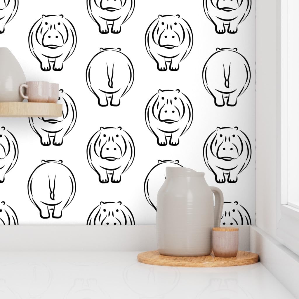 Removable Wallpaper 3ft x 2ft - Monochrome Zoo Safari Black White Baby Animals African Hippo Butts Custom Pre-Pasted Wallpaper by Spoonflower