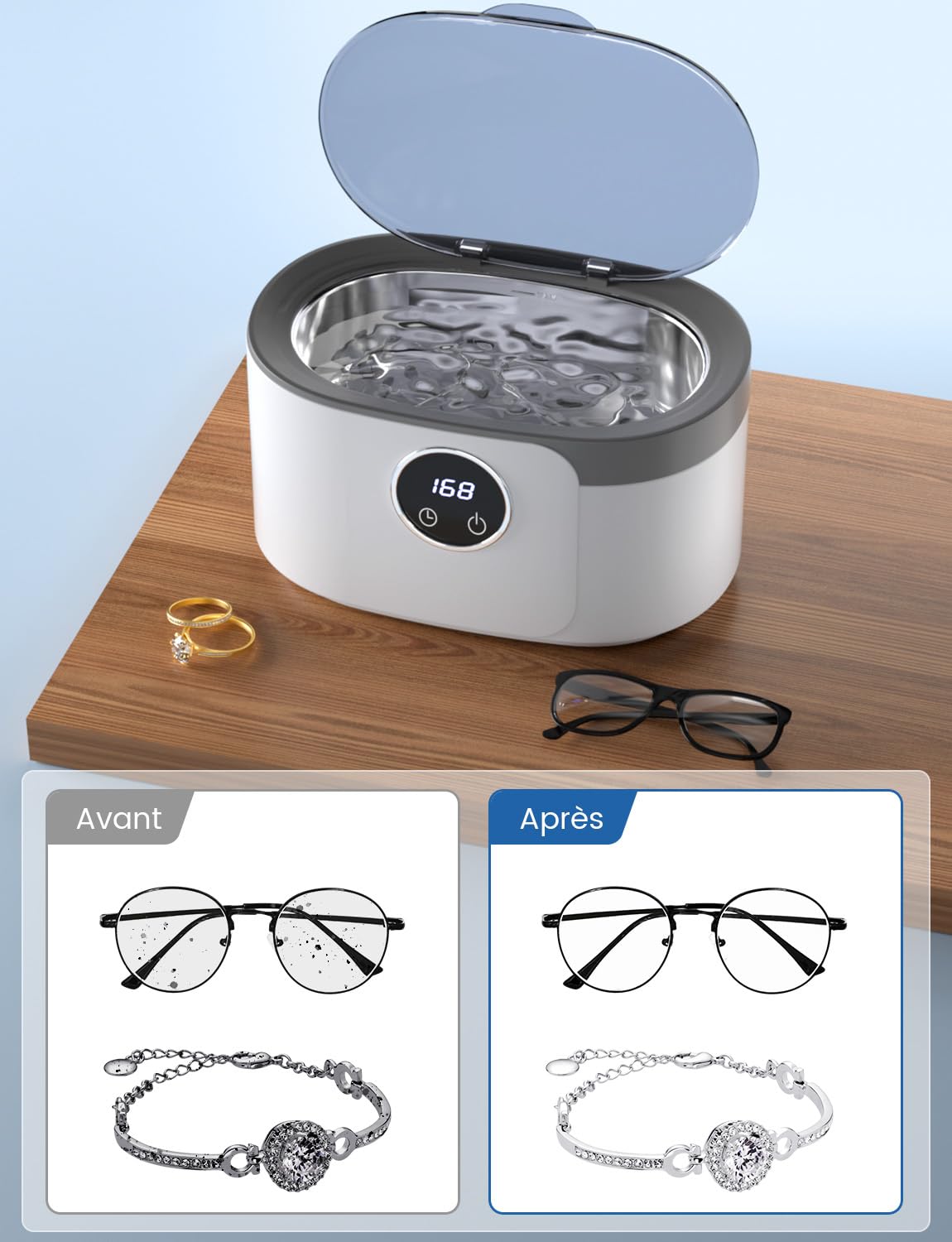 Nettoyeur Ultrasons 600ML, Nettoyeur Ultrasons Lunettes 50000Hz Nettoyant Bijoux Argent avec 5 Réglages de Temps, pour Bijoux, Montres, Lunettes
