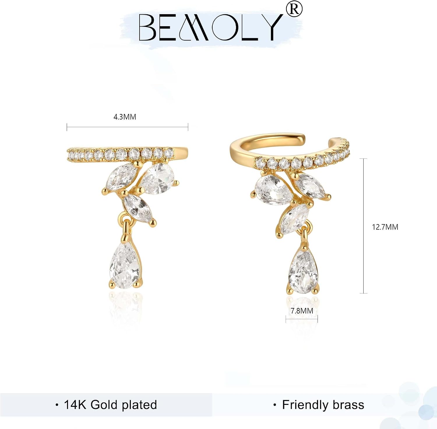 Bemoly Ear Cuff Earrings for Women 14K Gold Plated Cubic Zirconia Dangle Huggie Ear Cuffs Non Piercing | Clip On Cartilage