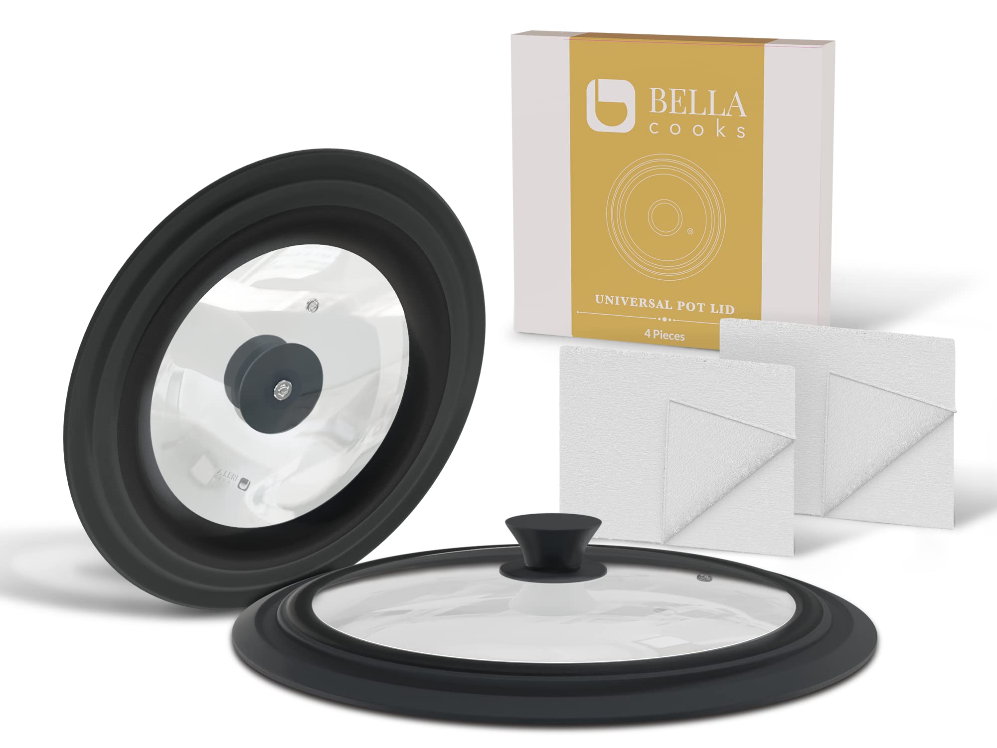 Universal Lids for Pots, Pans & Skillets 2set Frying Pan Cover Fits fit 7", 8" 9" & 10", 11", 12" Diameter Cookware, 2 Cotton Rags,Tempered Glass with High Heat Resistant Silicone Rim Dishwasher Safe.