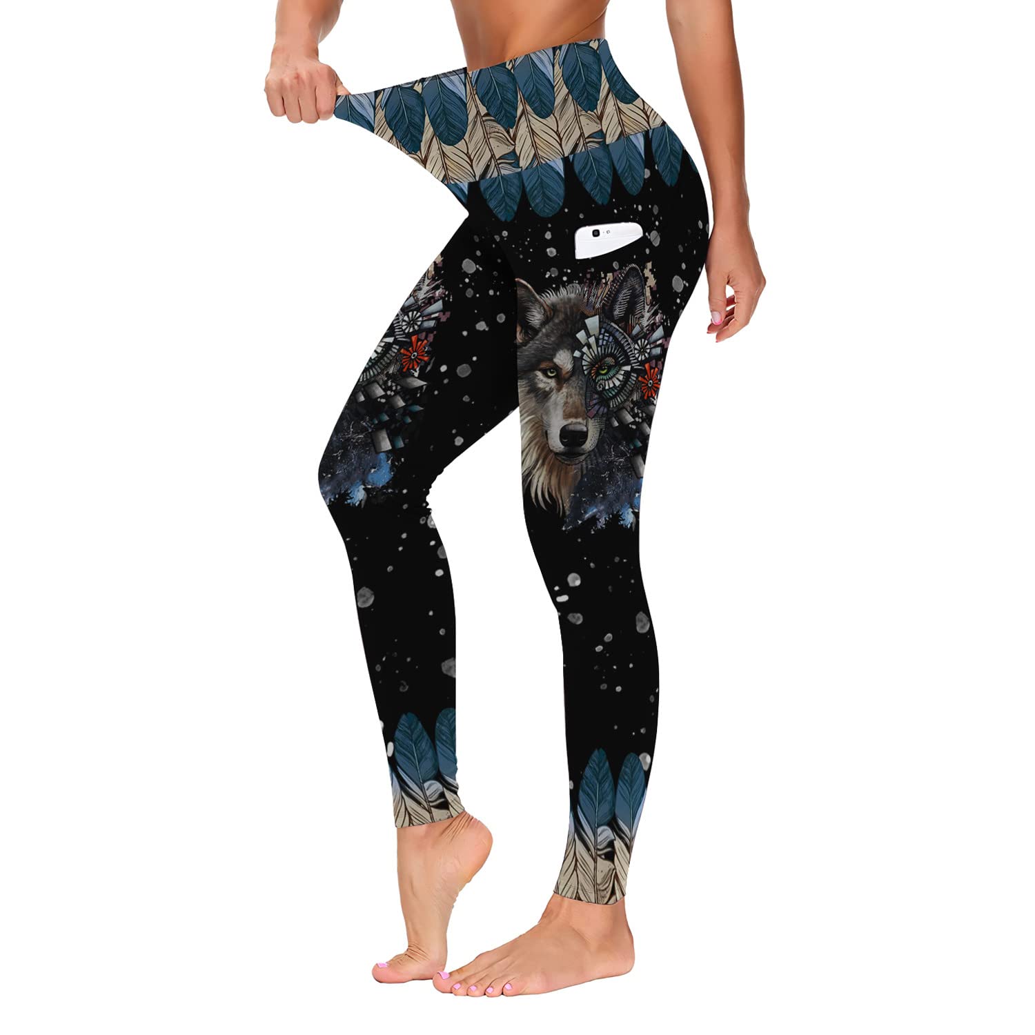 Native American Wolf High Waist Leggings with Pockets Workout Leggings for Women, Stretchable Fabric
