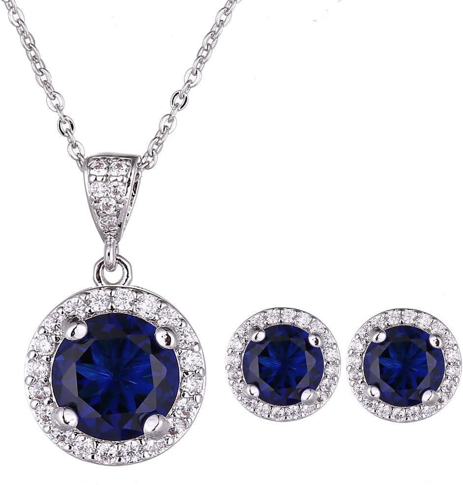 Halo Crystal Jewelry Set - Sterling Silver Round Cubic Zirconia Crystal Bridal Pendant Necklace Earrings Set for Wedding Bride Bridesmaids
