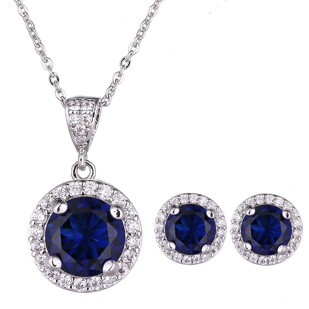 AMYJANEHalo Crystal Jewelry Set - Sterling Silver Round Cubic Zirconia Crystal Bridal Pendant Necklace Earrings Set for Wedding Bride Bridesmaids