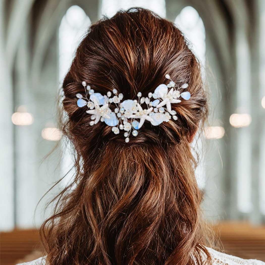 Unicra Silver Starfish Hair Vine Mermaid Headpiece Pearl Beach Wedding Hair Accessories for Women and Girls - Image 5