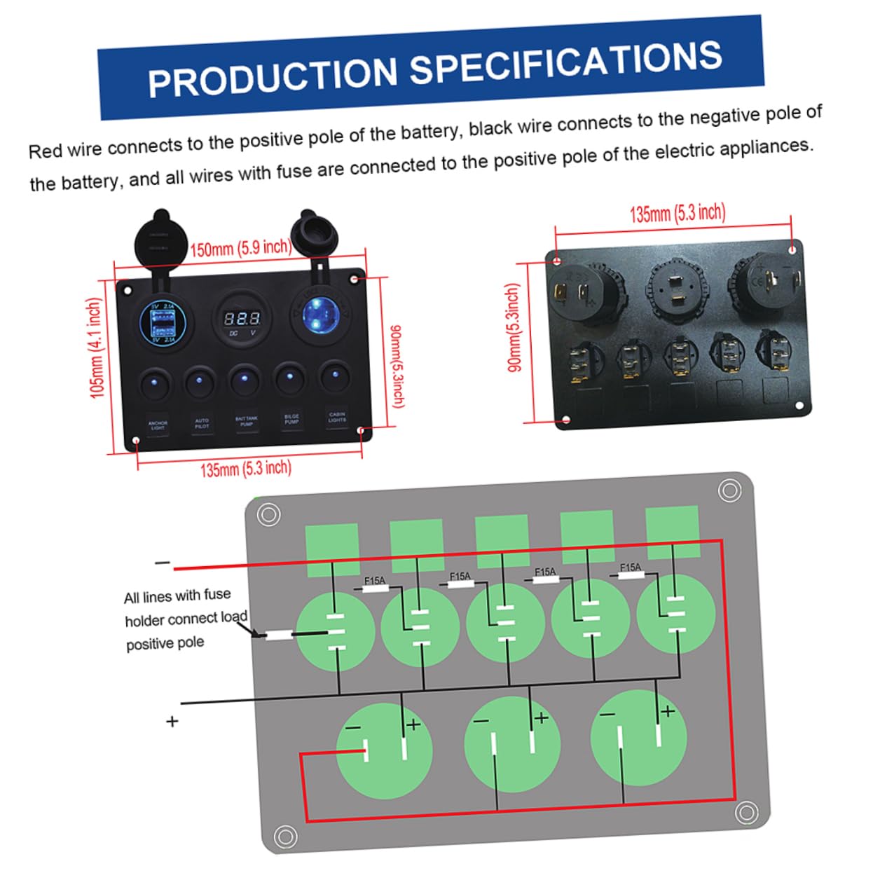 Switch Panels Position Rocker Panel Lighter Socket USB Car Charger Voltmeter for Boat Rv